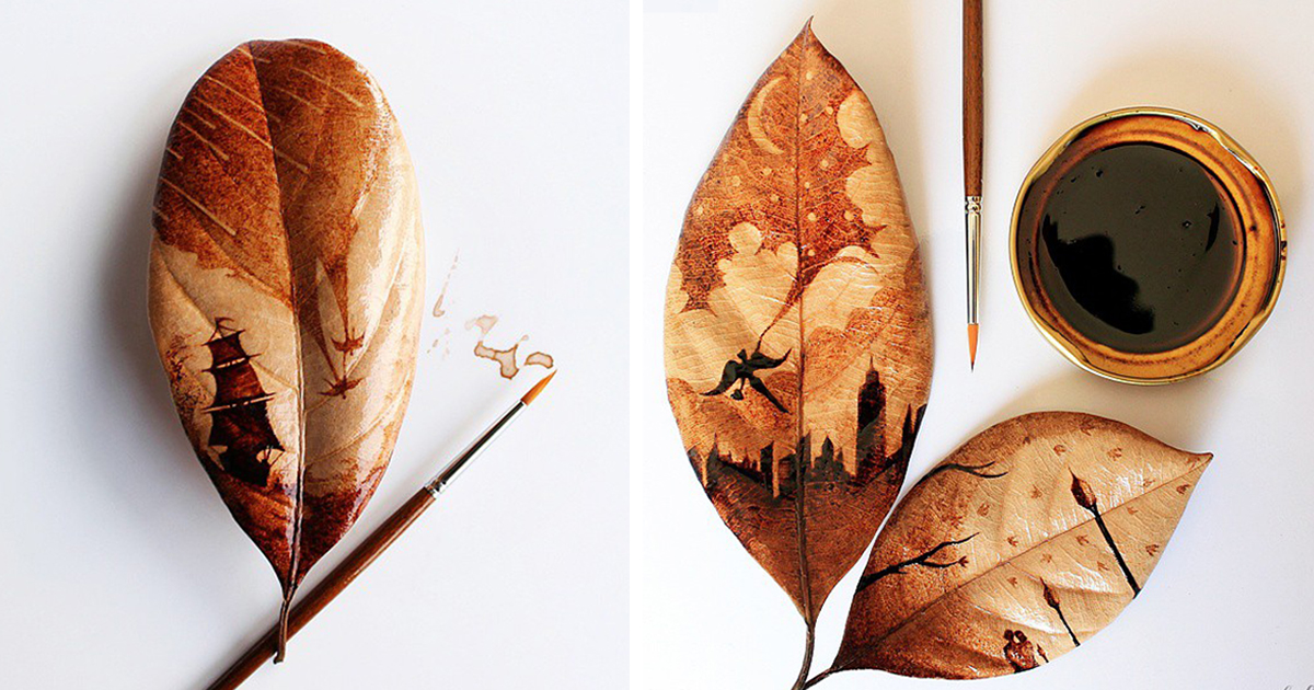 Artist Turns His Morning Coffee Leftovers Into Beautiful Leaf Paintings Demilked