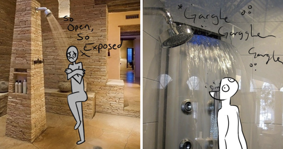 Artist Highlights How Ridiculous Rich People's Showers Are By Doodling On Them DeMilked