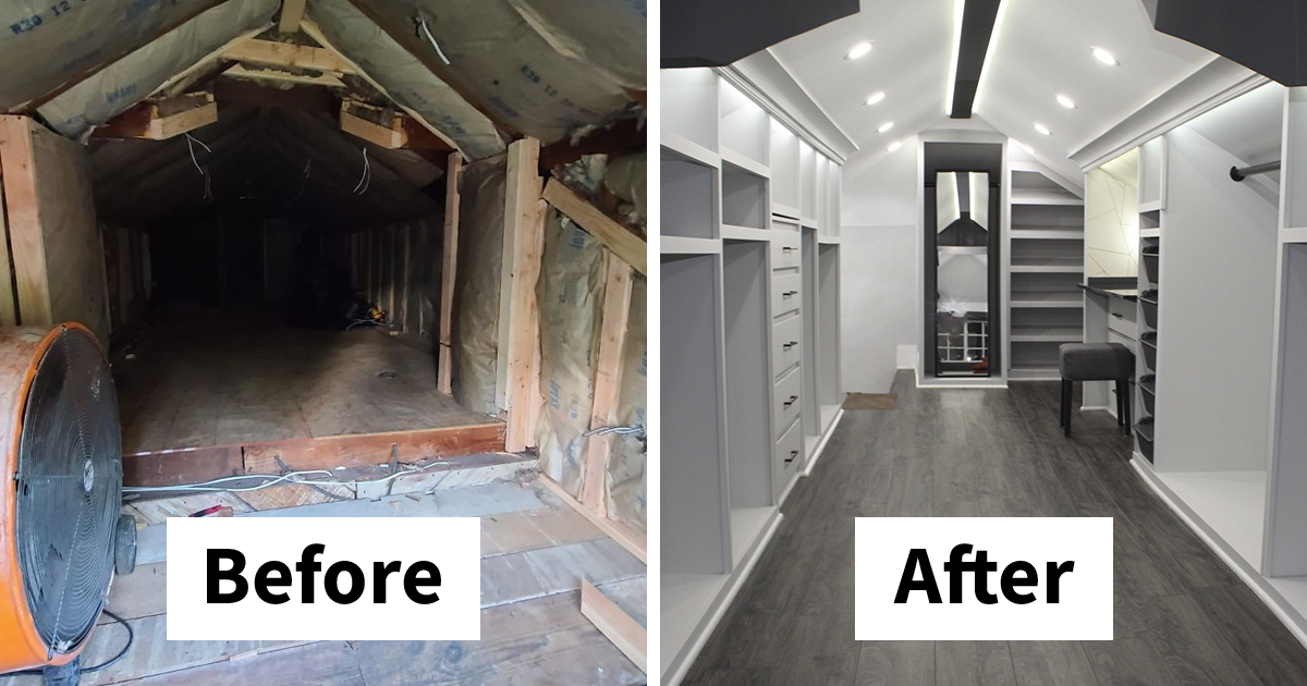 Husband Turns A Derelict Old Attic Into A Dream Walk-In Closet For His ...